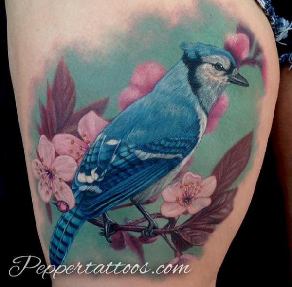 Blue Jay on branch with cherry blossom tattoo