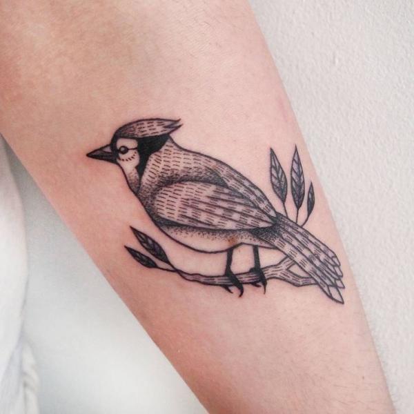 Blue Jay perched on branch tattoo black and grey