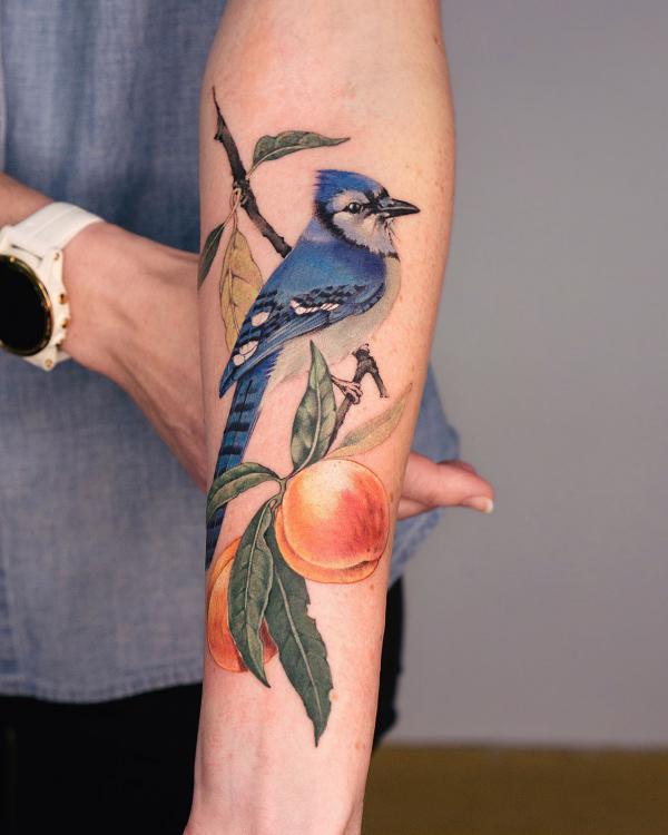 Blue Jay perched on peach tree tattoo