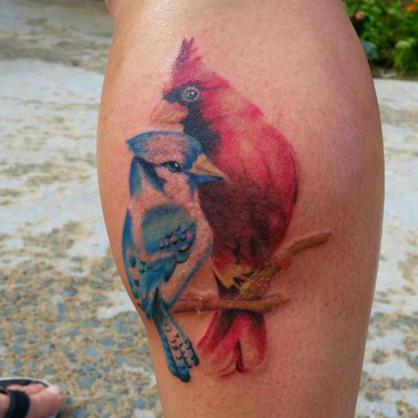 Blue jay and cardinal calf tattoo