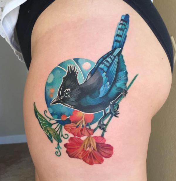 Blue jay and nasturtium tattoo