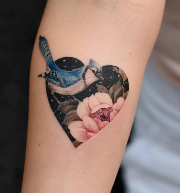Blue jay and peony heart tattoo