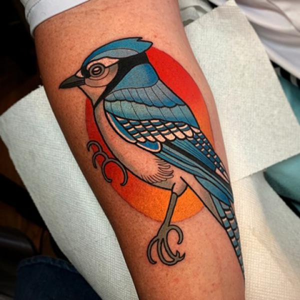 Blue jay and sun tattoo on arm