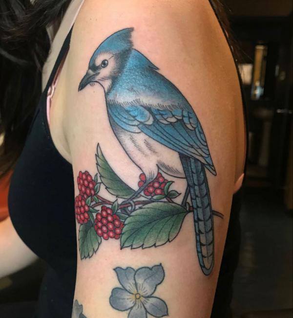 Blue jay with raspberries tattoo on upper arm
