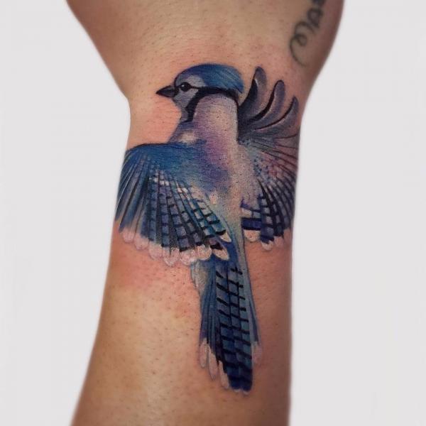 Blue jay wrist tattoo