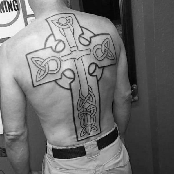 Bold outline Celtic cross back tattoo
