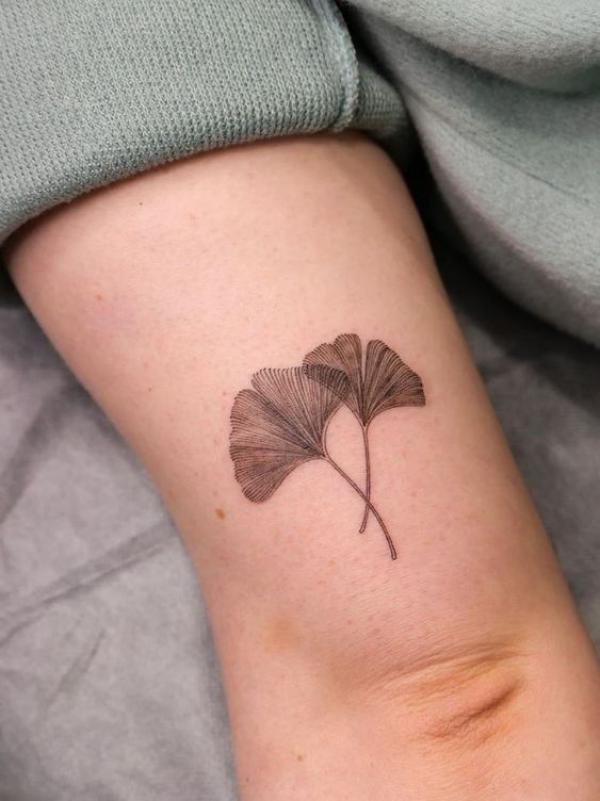 Brown ginko leaf tattoo above elbow