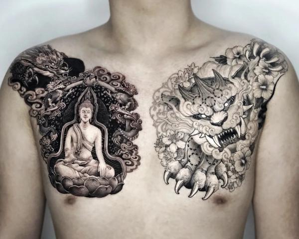 Buddha and foo dog chest panel tattoo