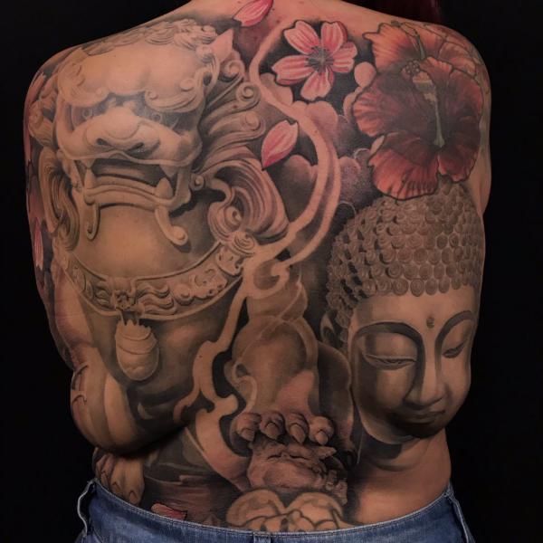 Buddha and foo dog with cherry blossom full back tattoo
