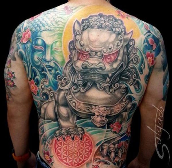 Buddha and foo dog with flower of life full back tattoo