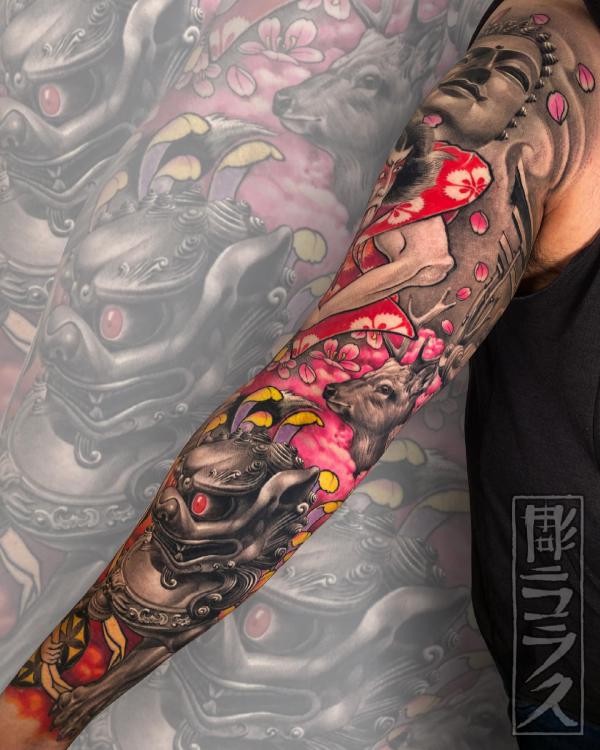 Buddha deer and foo dog tattoo sleeve