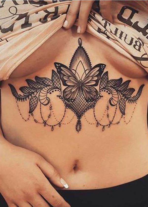Butterfly with lace sternum tattoo