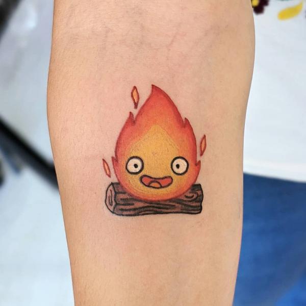 Calcifer below inner elbow tattoo