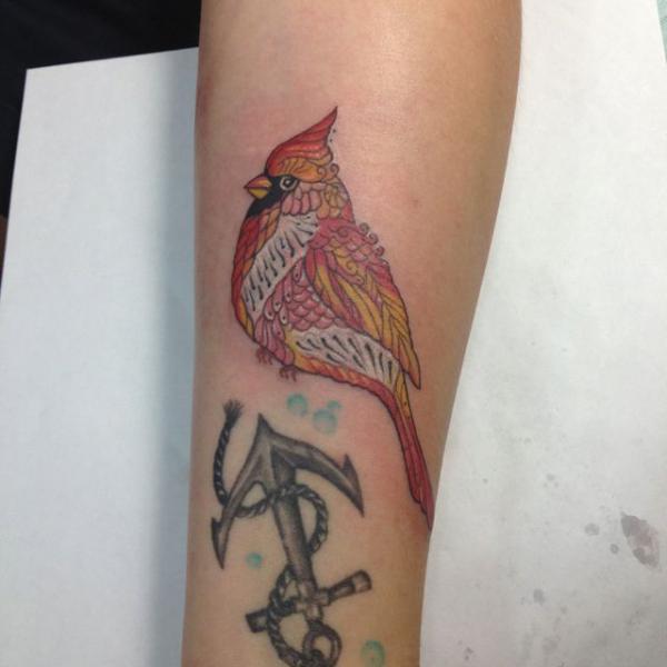 Cardinal and anchor upside down tattoo