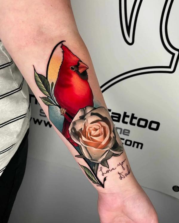 Cardinal and rose tattoo with words Love you Dad