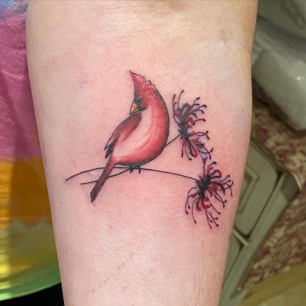 Cardinal and spider lily tattoo