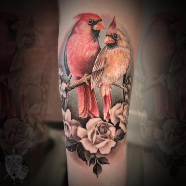 Cardinal pair with grey rose tattoo