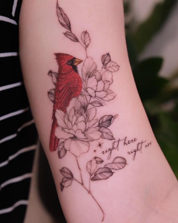 Cardinal tattoo with quote Right here right now