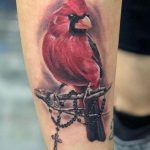 Cardinal with Rosary lower leg tattoo