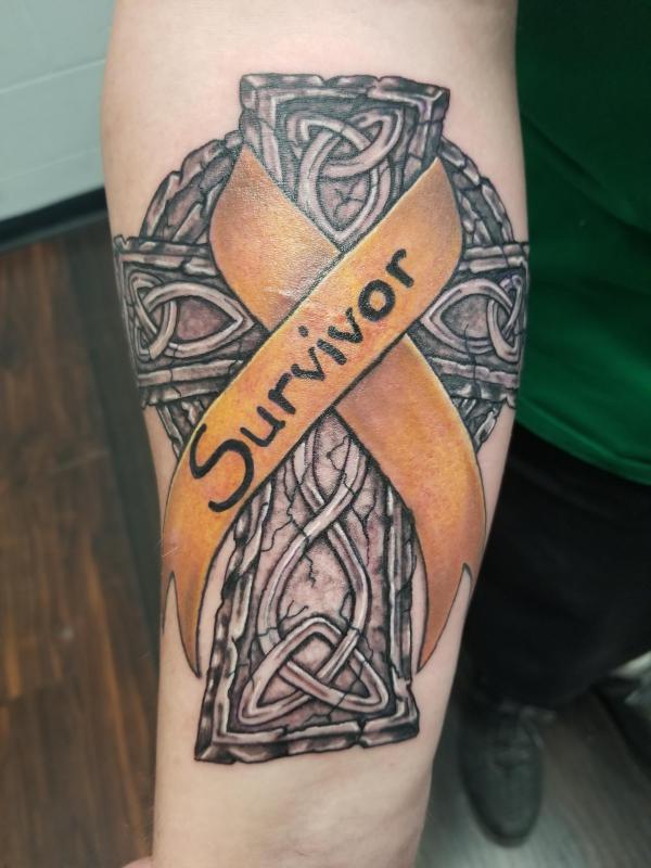 Celtic Cross with Cancer Survivor Ribbon tattoo