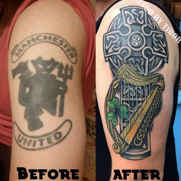 Celtic cross and Harp cover up tattoo