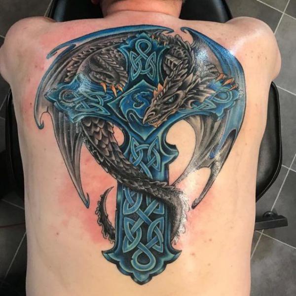 Celtic cross and dragon tattoo