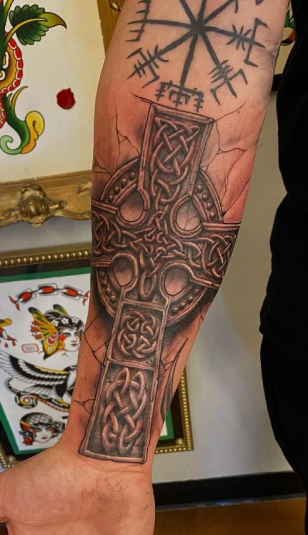 Celtic cross and rune compass tattoo