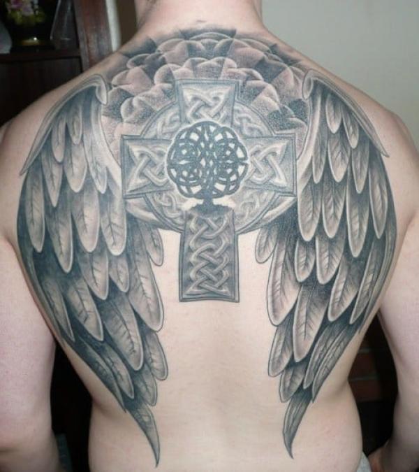 Celtic cross with Angel wings back tattoo black and grey