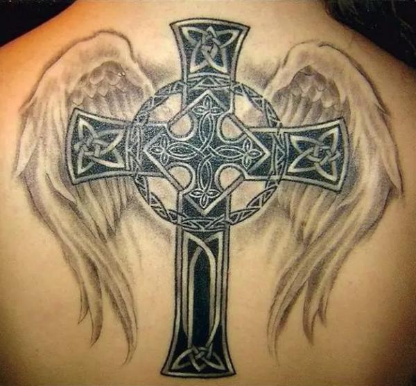 Celtic cross with Angel wings tattoo on back