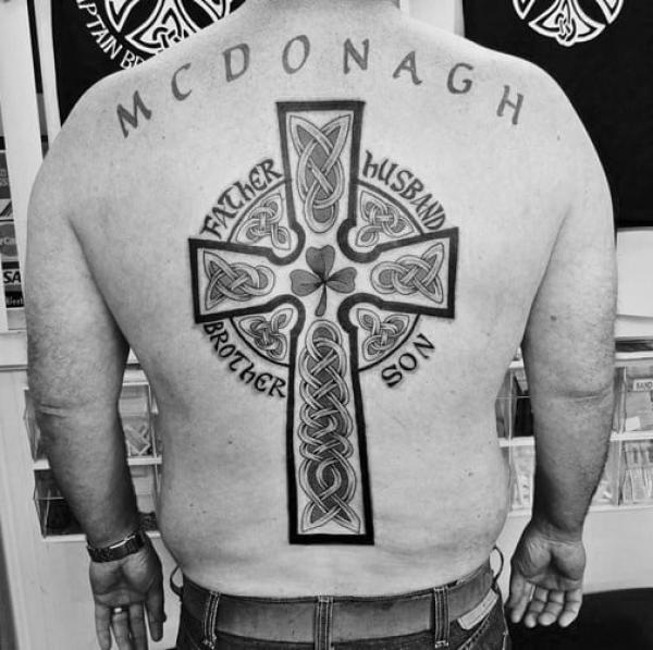 Celtic cross with Trinity Knot and clover back tattoo black and grey