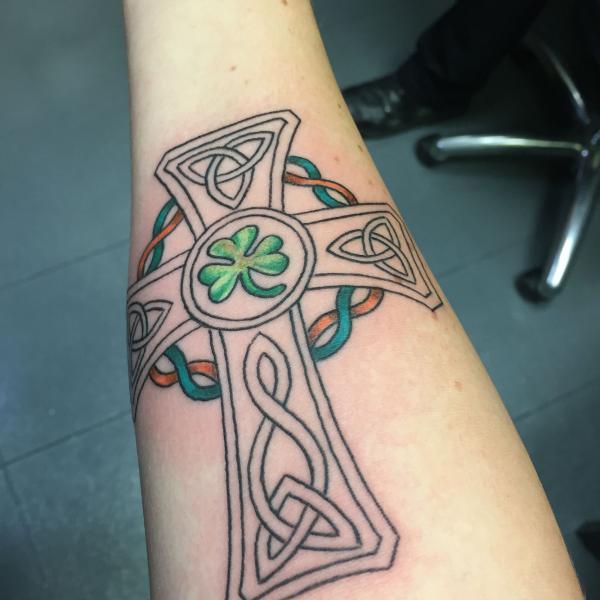 Celtic cross with Trinity Knot and clover line work tattoo
