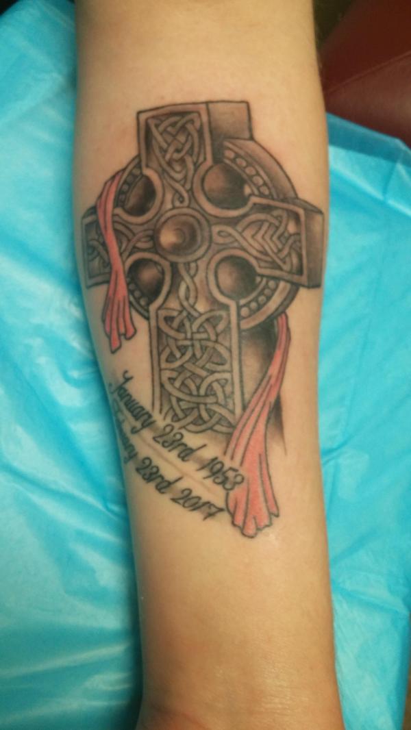Celtic cross with banner and date tattoo