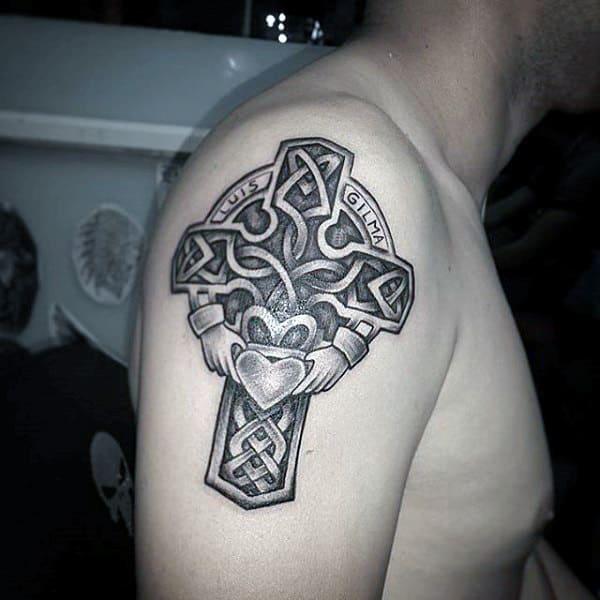 Celtic cross with claddagh and name tattoo