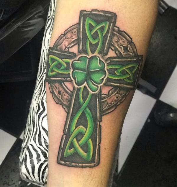 Celtic cross with green Trinity Knot and shamrock tattoo