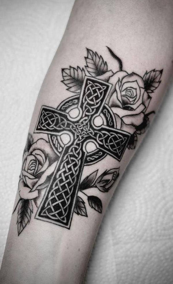 Celtic cross with roses tattoo black and grey