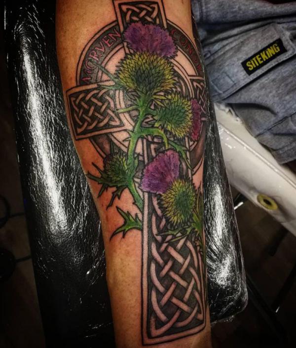Celtic cross with thistle tattoo