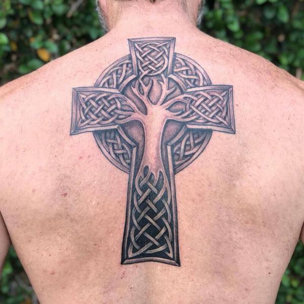 Celtic cross with tree of life back tattoo