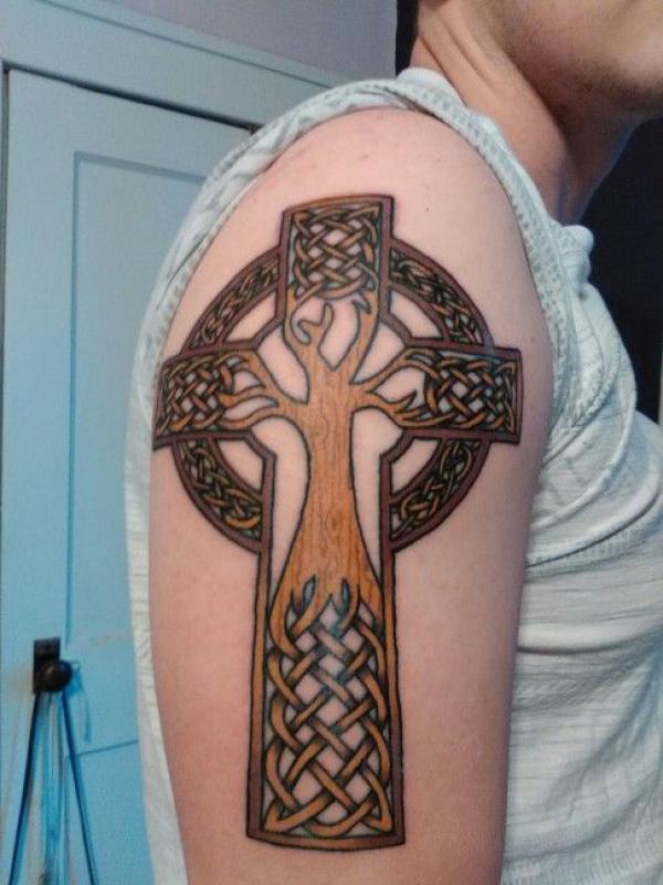 Celtic cross with tree of life half sleeve tattoo