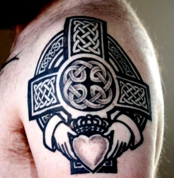 Circular Celtic cross with claddagh shoulder tattoo