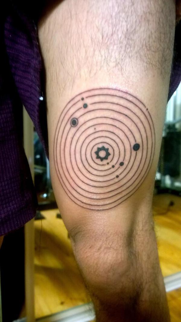 Circular solar system tattoo above knee