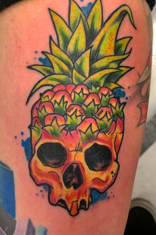 Colored Pineapple Skull tattoo