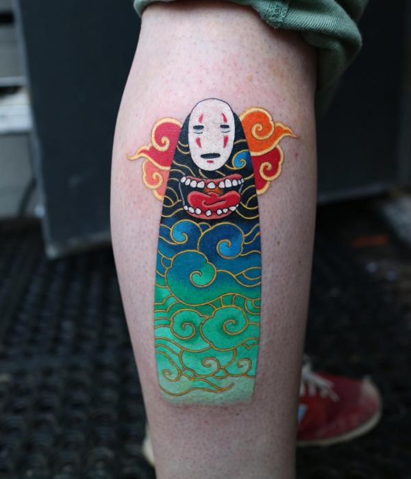 Colorful No Face leg tattoo