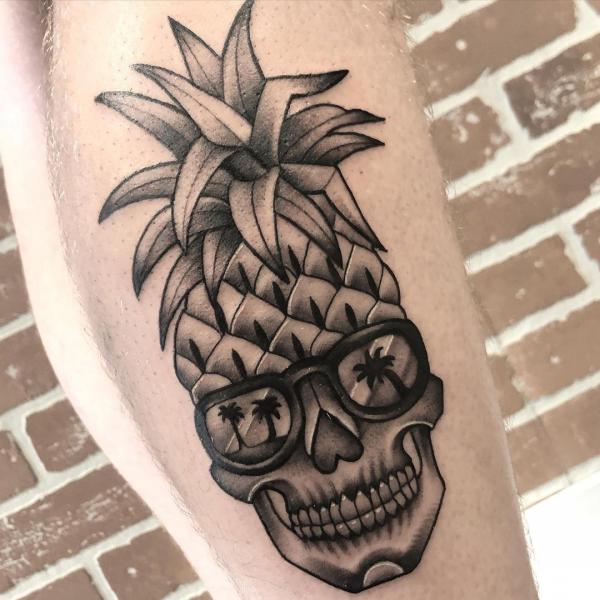 Cool pineapple skull tattoo black and grey