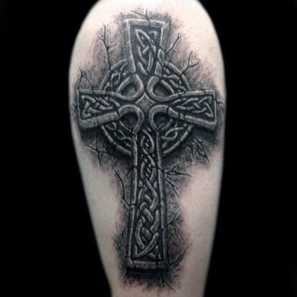 Cracked skin 3D Celtic cross tattoo