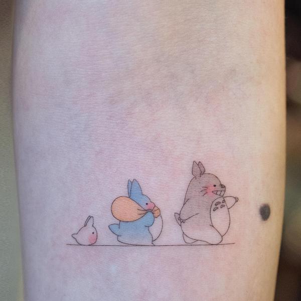 Dainty Three totoros walking tattoo