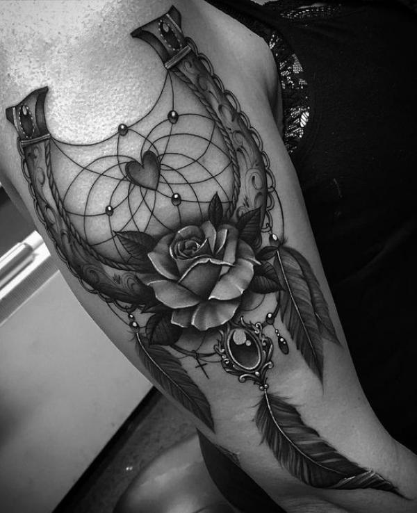 Dark horseshoe dreamcatcher with rose tattoo