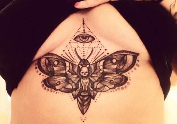 Death moth and all seeing eye sternum tattoo