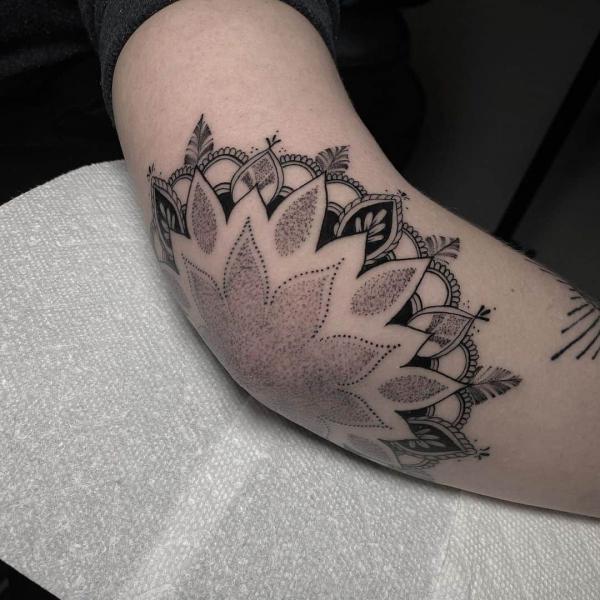 Dotwork Mandala Elbow tattoo
