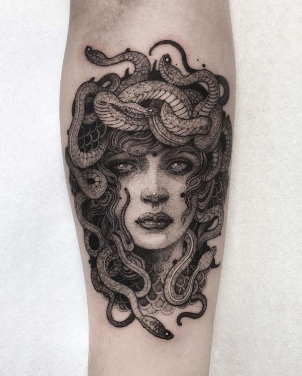 Dotwork Medusa inner forearm tattoo