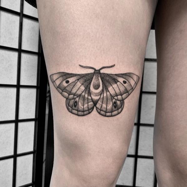Dotwork moth above knee tattoo
